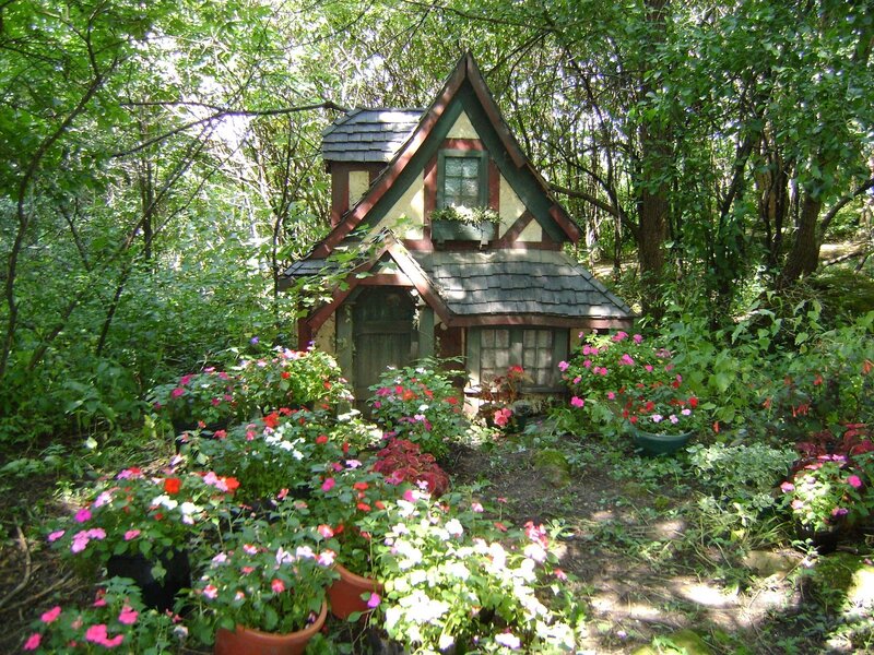 Cottage in Garden — Green, Serene, Afternoon, Photograph, Flowers