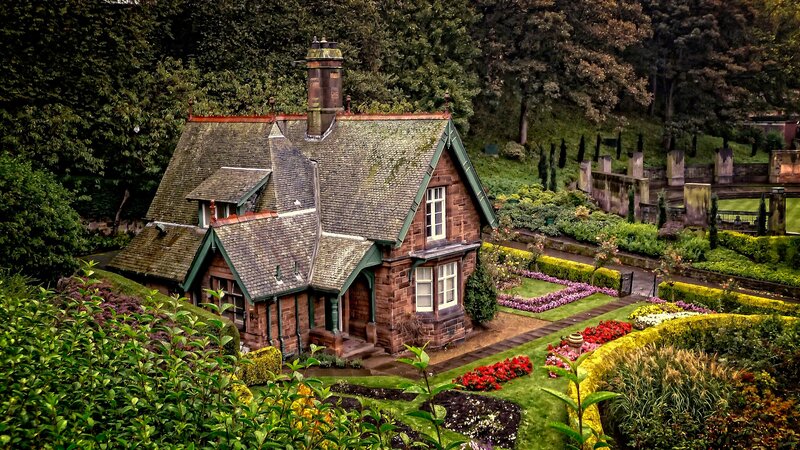 Cottage in Garden — Green, Serene, Afternoon, Photograph, Trees