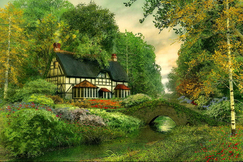 Cottage in Garden — Green, Serene, Autumn, Digital Art