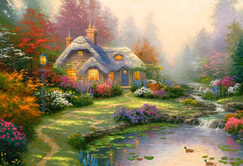Cottage in Garden — Green, Serene, Autumn, Painting, Stream