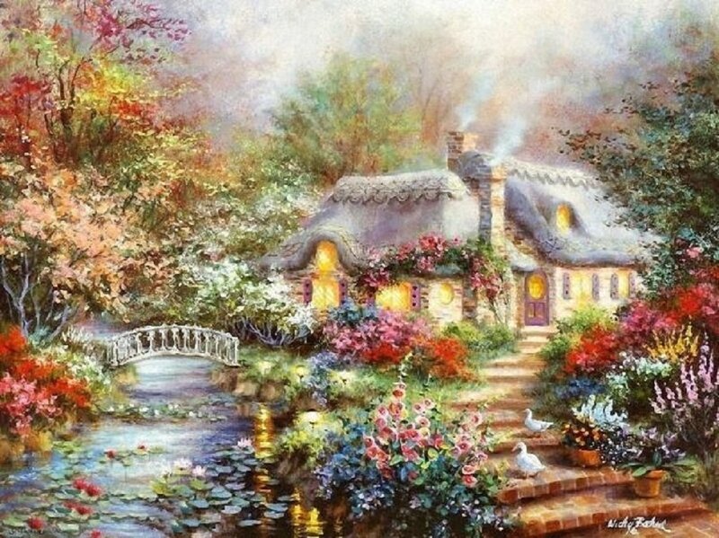 Cottage in Garden — Green, Serene, Autumn, Painting