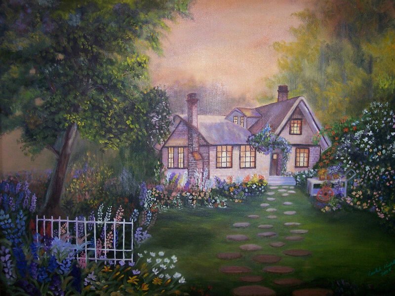 Cottage in Garden — Green, Serene, Dusk