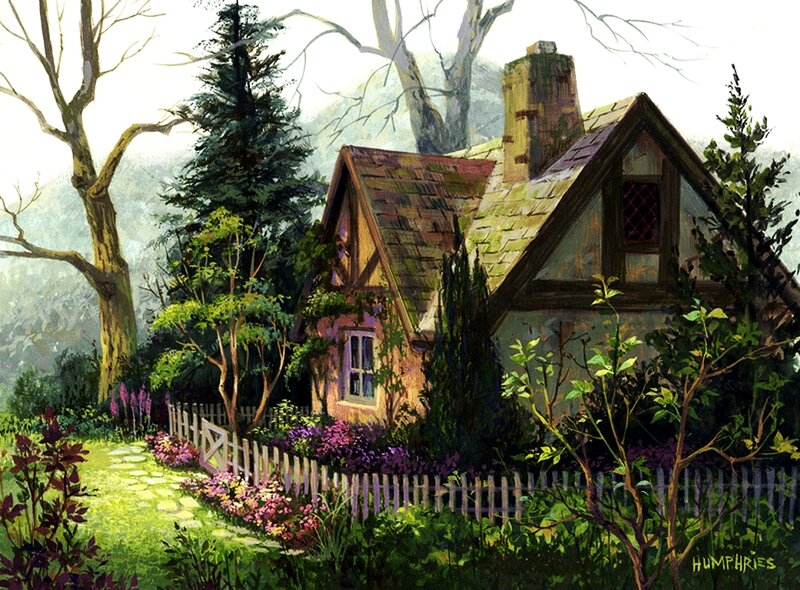 Cottage in Garden — Green, Serene, Morning, Painting, Fence