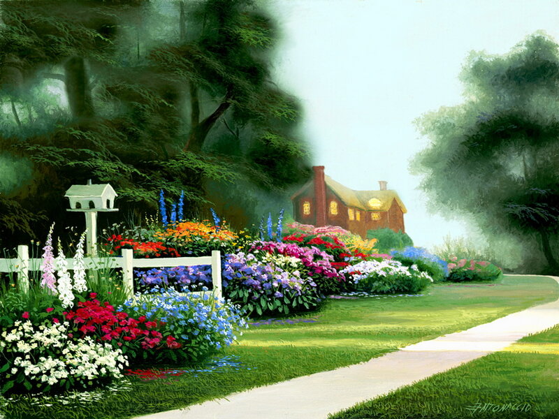 Cottage in Garden — Green, Serene, Morning, Painting, Flowers, Path, Birdhouse