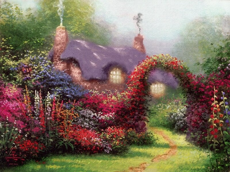 Cottage in Garden — Green, Serene, Morning, Painting, Flowers, Path, Chimney