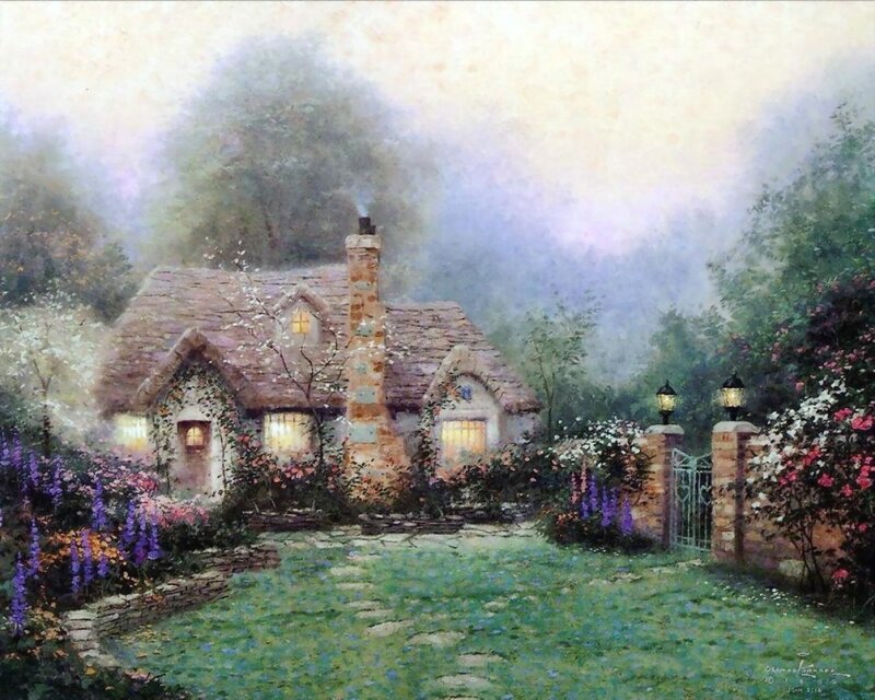 Cottage in Garden — Green, Serene, Morning, Painting, Gate, Trees