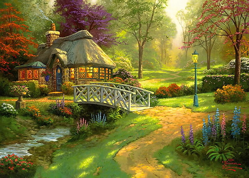 Cottage in Garden — Green, Serene, Morning, Painting