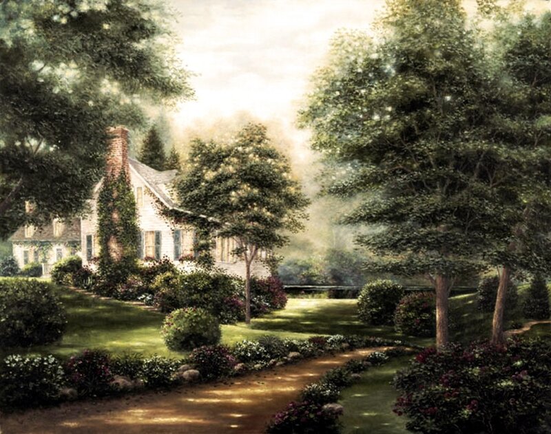 Cottage in Garden — Green, Serene, Morning, Painting, Trees