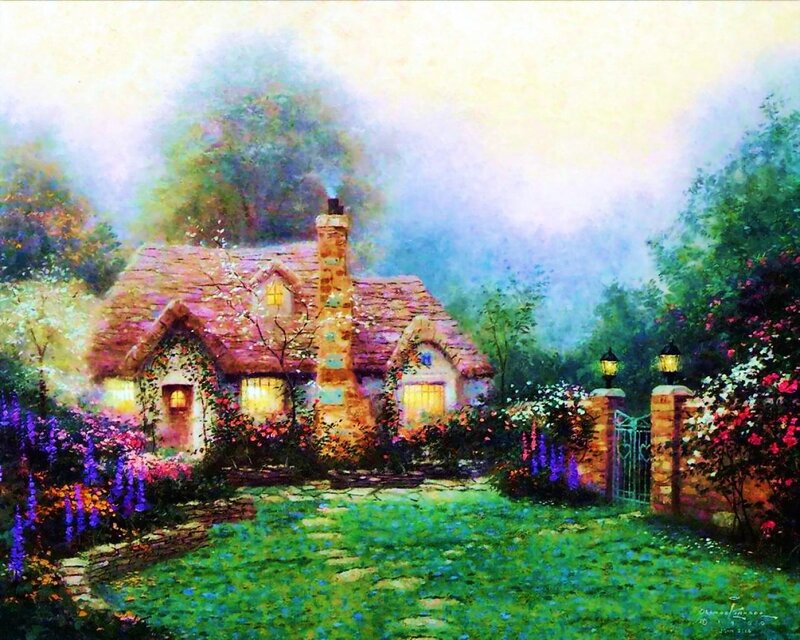 Cottage in Garden — Green, Serene, Night, Painting, Gate