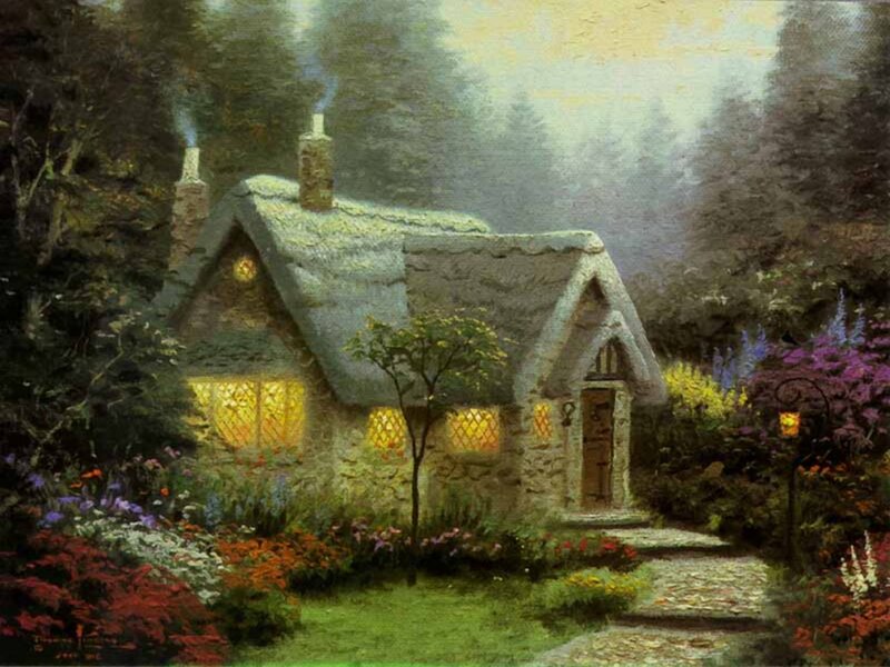 Cottage in Garden — Green, Serene, Night, Painting