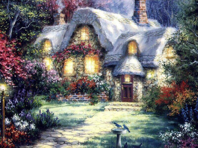 Cottage in Garden — Green, Serene, Night