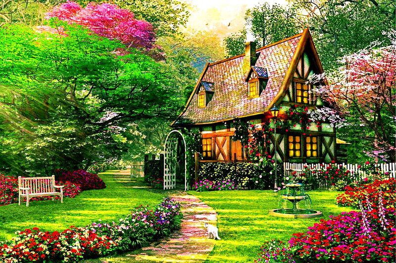 Cottage in Garden — Green, Serene, Spring, Digital Art, Bench