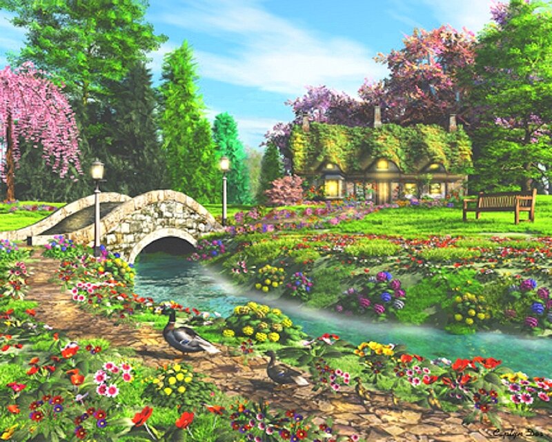 Cottage in Garden — Green, Serene, Spring, Digital Art, Bridge, River