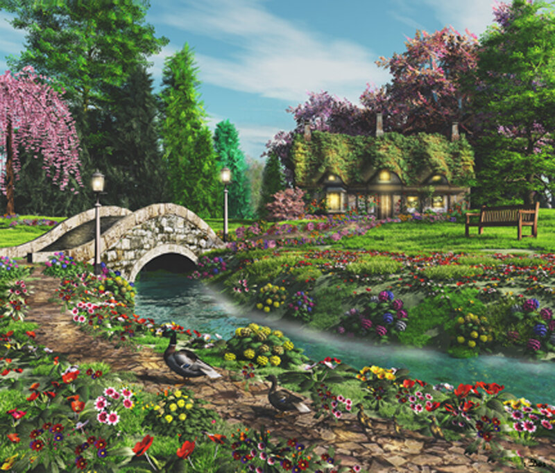 Cottage in Garden — Green, Serene, Spring, Digital Art, Bridge