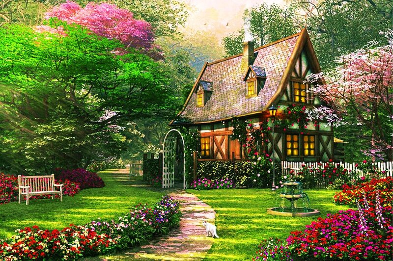 Cottage in Garden — Green, Serene, Spring, Digital Art
