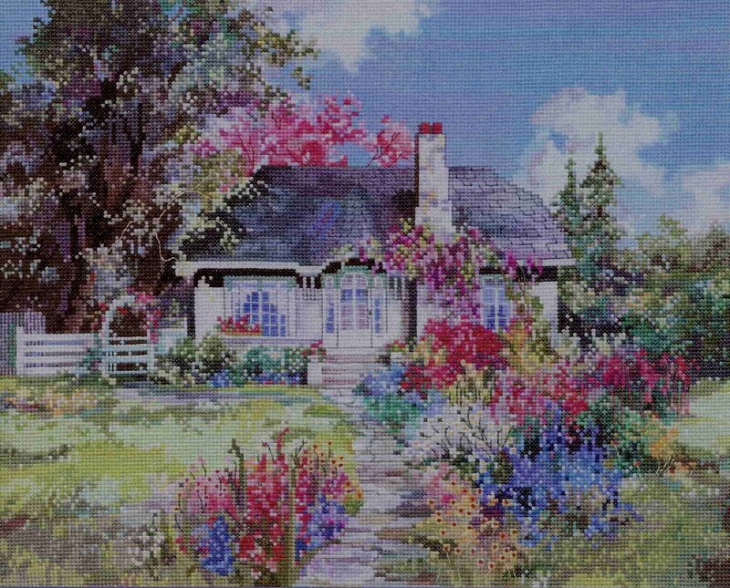 Cottage in Garden — Green, Serene, Spring, Illustration, Flowers
