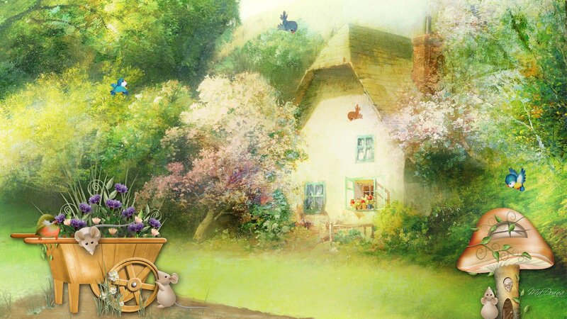 Cottage in Garden — Green, Serene, Spring, Illustration, Mice
