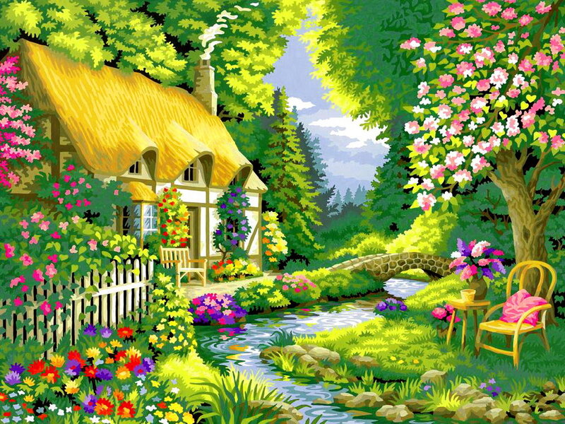 Cottage in Garden — Green, Serene, Spring, Illustration, Stream, Bridge
