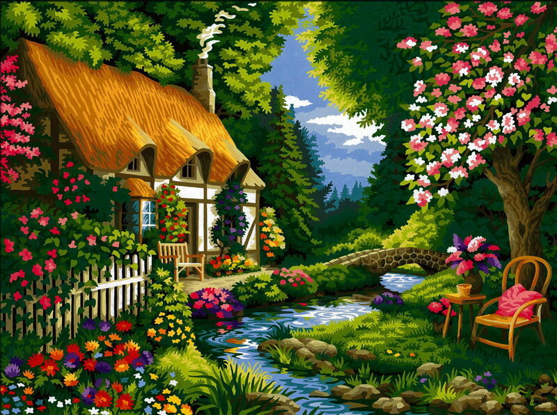 Cottage in Garden — Green, Serene, Spring, Illustration, Stream
