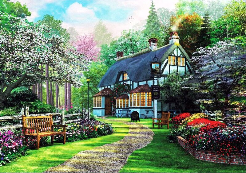 Cottage in Garden — Green, Serene, Spring, Illustration