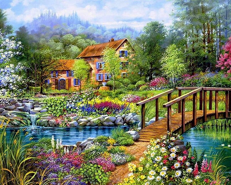 Cottage in Garden — Green, Serene, Spring, Painting, Bridge, River, Flowers