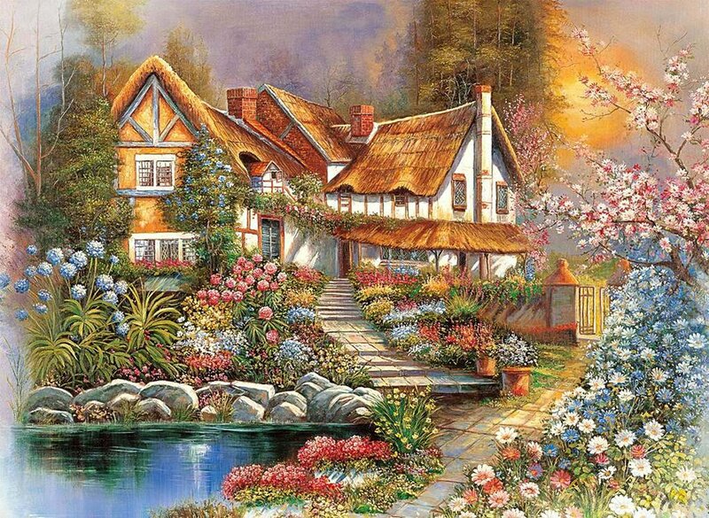 Cottage in Garden — Green, Serene, Spring, Painting, Flowers, Pond, Trees, Path