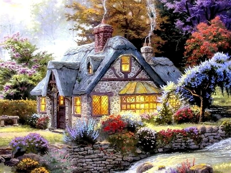 Cottage in Garden — Green, Serene, Spring, Painting, Flowers
