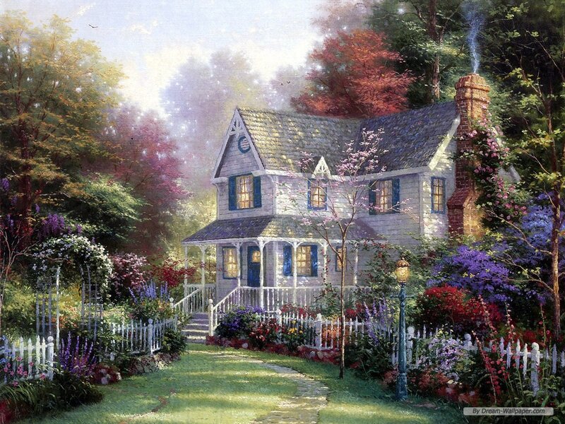 Cottage in Garden — Green, Serene, Spring, Painting, Flowers, Trees