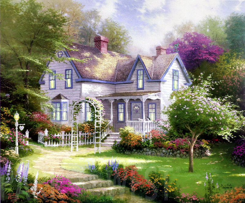 Cottage in Garden — Green, Serene, Spring, Painting, House