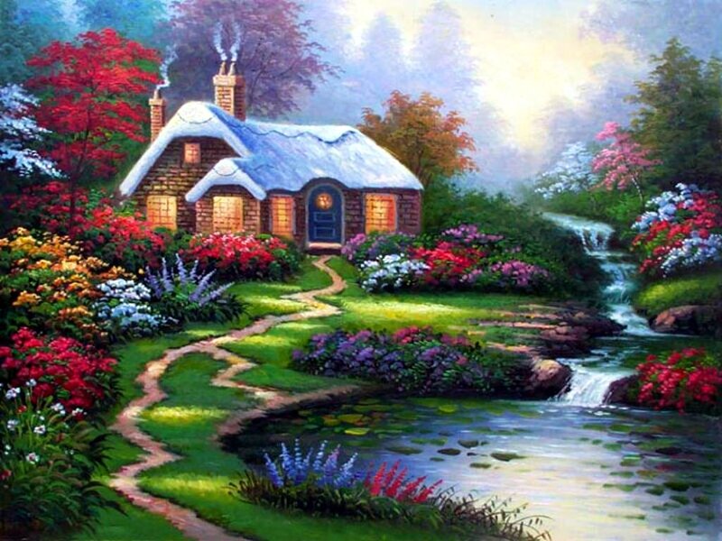 Cottage in Garden — Green, Serene, Spring, Painting, Stream