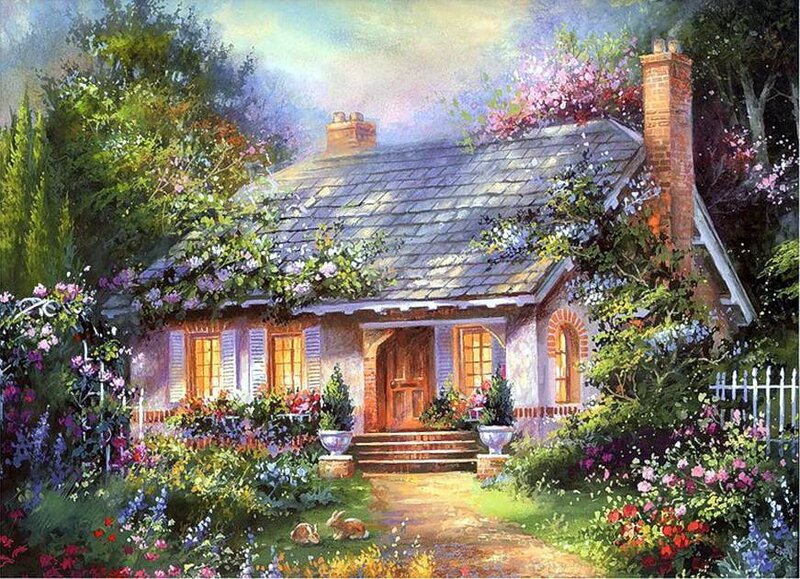 Cottage in Garden — Green, Serene, Spring, Painting