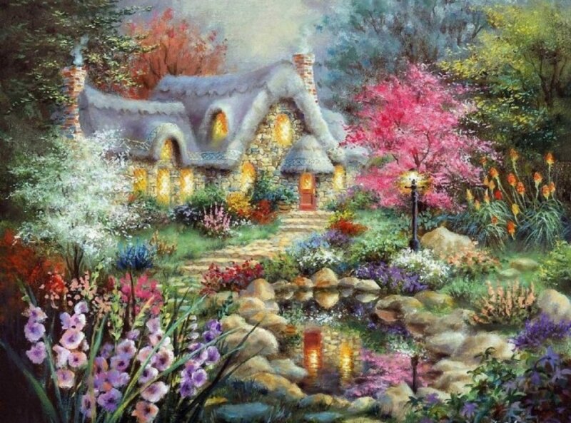Cottage in Garden — Green, Serene, Spring