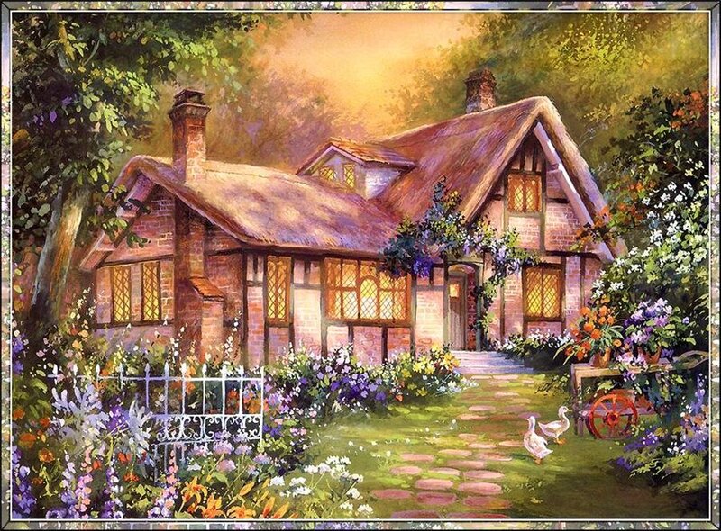 Cottage in Garden — Green, Serene, Sunset, Painting, Flowers, Ducks, Path