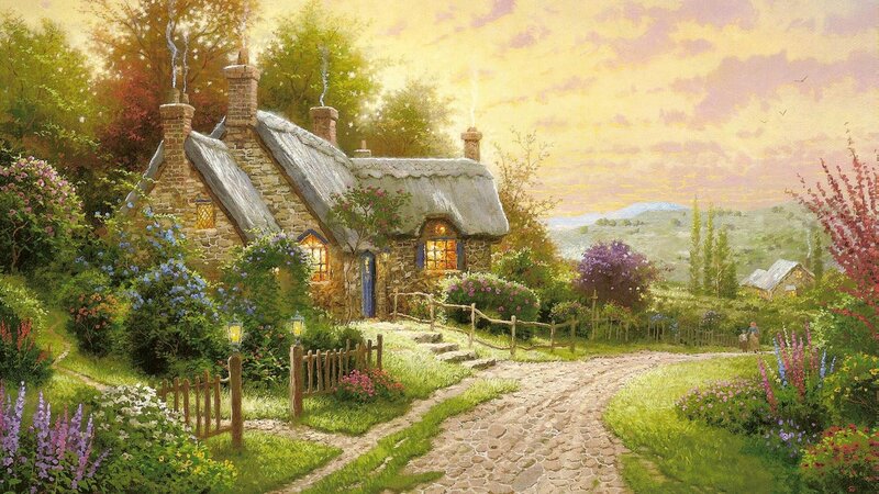 Cottage in Garden — Green, Serene, Sunset, Painting, Flowers, Path