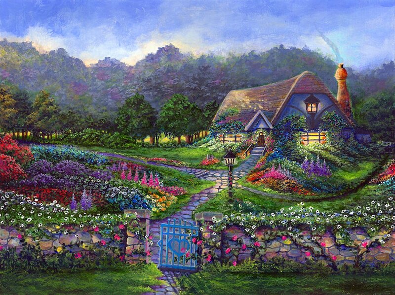Cottage in Garden — Green, Serene, Sunset, Painting, Flowers, Path, Trees, Lamp