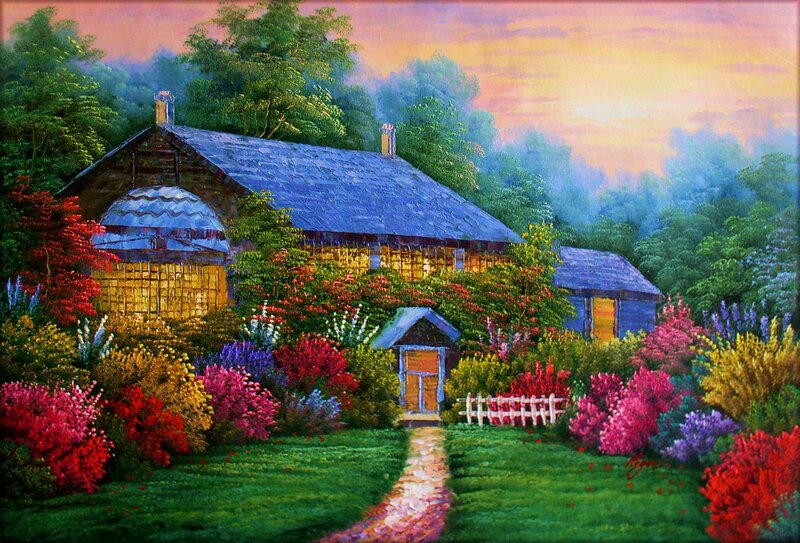 Cottage in Garden — Green, Serene, Sunset, Painting, Flowers, Path, Trees