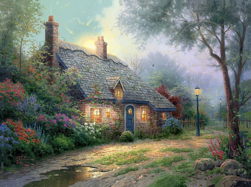 Cottage in Garden — Green, Serene, Sunset, Painting, Flowers, Trees, Path