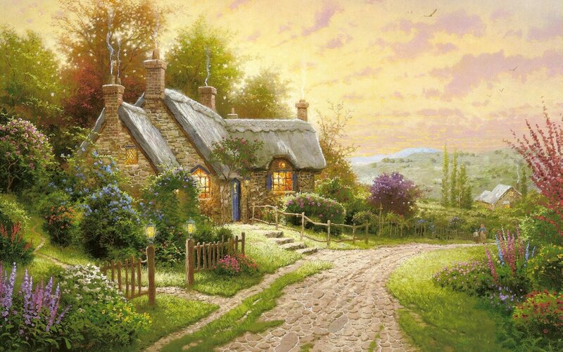 Cottage in Garden — Green, Serene, Sunset, Painting, Path