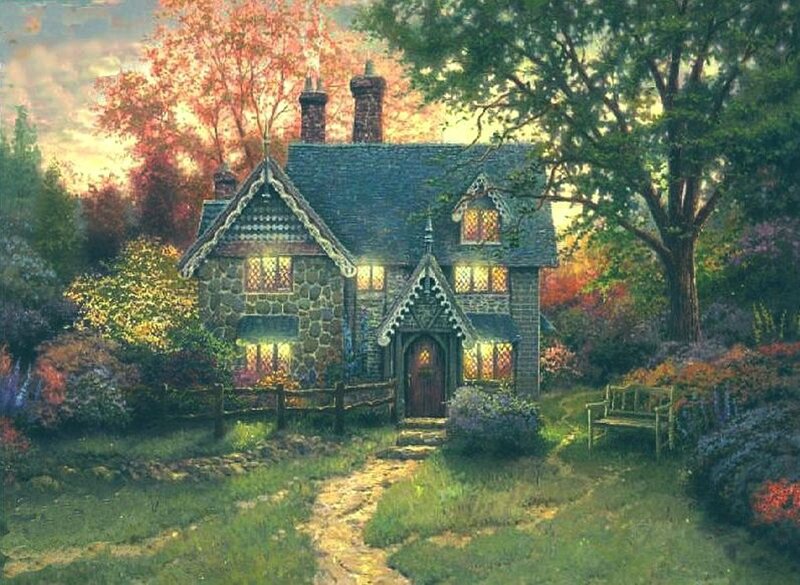 Cottage in Garden — Green, Serene, Sunset, Painting, Trees