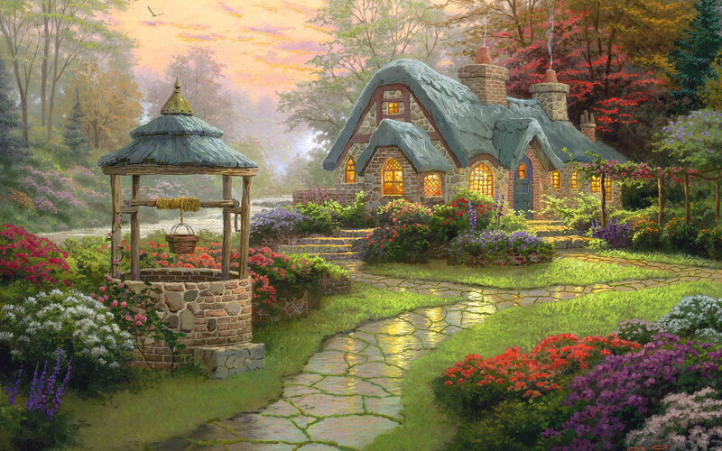 Cottage in Garden — Green, Serene, Sunset, Painting, Well