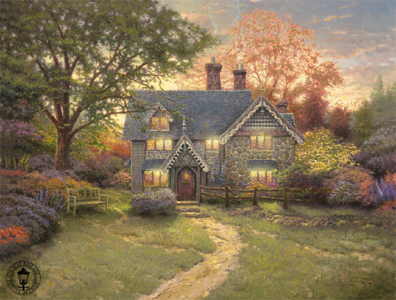 Cottage in Garden — Green, Serene, Sunset
