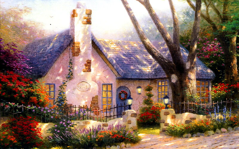 Cottage in Garden — Pink, Serene, Afternoon