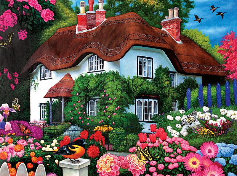 Cottage in Garden — Pink, Serene, Spring