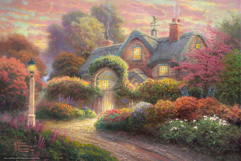 Cottage in Garden — Pink, Serene, Sunset, Painting, Flowers, Path, Lamp Post