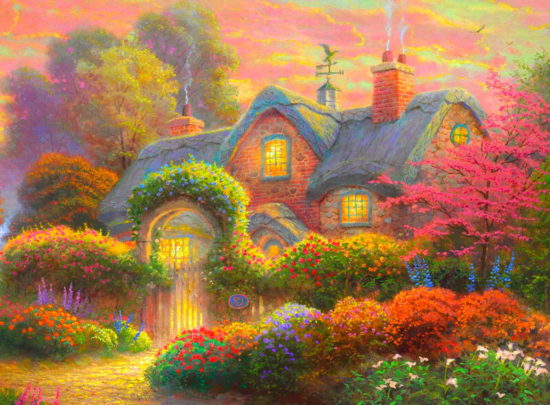 Cottage in Garden — Pink, Serene, Sunset, Painting, Flowers, Trees, Chimney