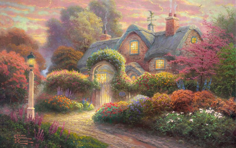Cottage in Garden — Pink, Serene, Sunset, Painting, Lamp Post