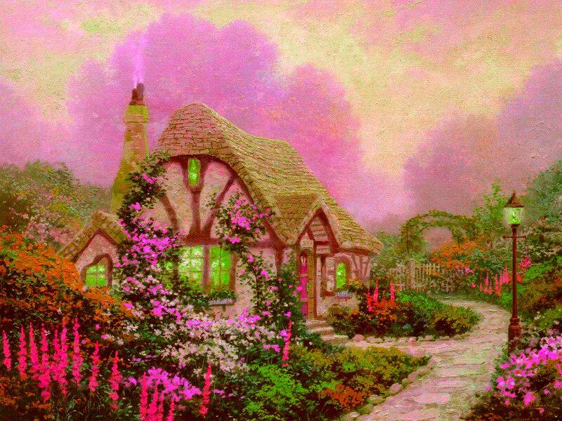 Cottage in Garden — Pink, Serene, Sunset, Painting, Path