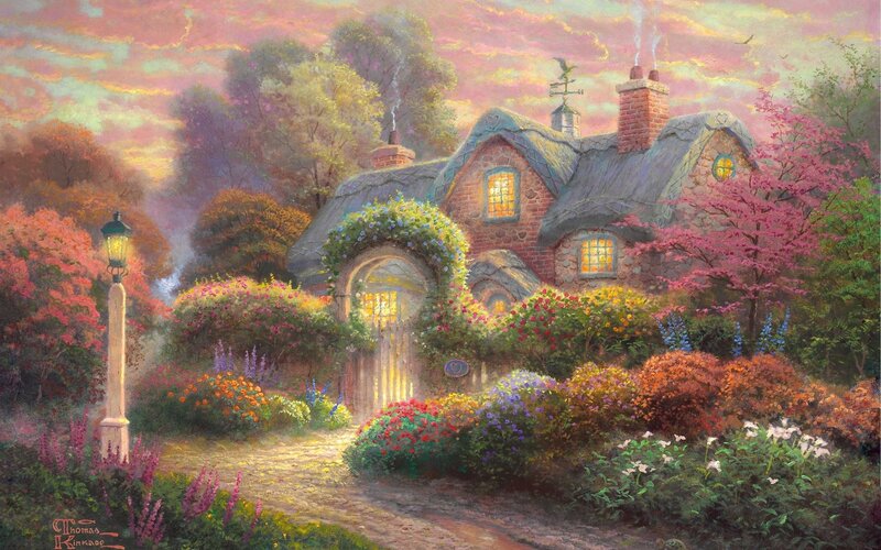 Cottage in Garden — Pink, Serene, Sunset, Painting