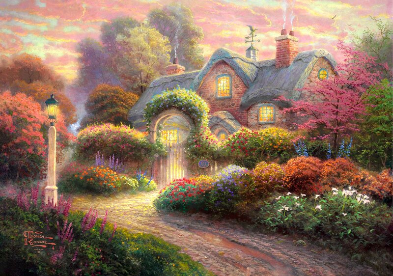 Cottage in Garden — Pink, Serene, Sunset