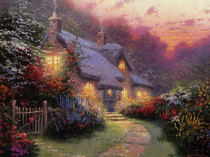 Cottage in Garden — Purple, Serene, Sunset, Painting
